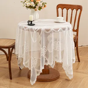 Vintage white lace tablecloth, hollow floral table cover for dining table and coffee table.