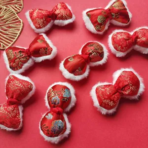 Festive Chinese style red brocade embroidery bow DIY hair ties clothing accessories decoration