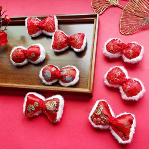 Chinese Style Satin Embroidery Bowknot Red Plush Trim DIY Brooch Hair Rope Accessory New Year Festival Decoration Material