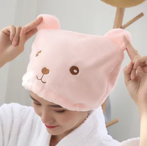 Pink bear coral fleece dry hair cap, super absorbent microfiber quick-drying head towel wrap.