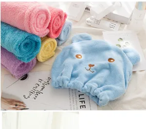 Coral fleece dry hair cap detail, cute cartoon bear design, super absorbent microfiber towel.