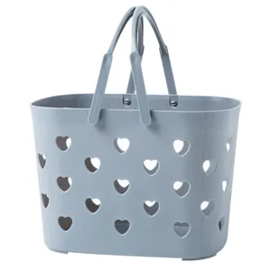 Panier de douche en plastique gris avec découpes en cœur, organiseur de rangement.