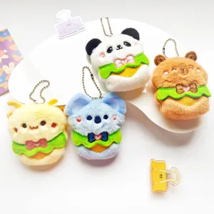 Cute plush animal keychains, featuring capybara, panda, koala, and bee designs with aprons.