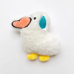 Close-up detail of the cute sweating duck plush pendant, soft texture and lovely cartoon design.
