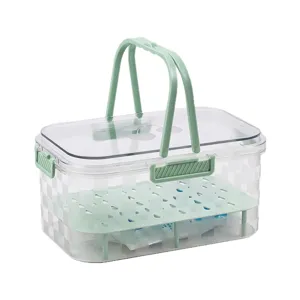 Portable double layer clear storage box with handles and ice pack for picnic food storage.