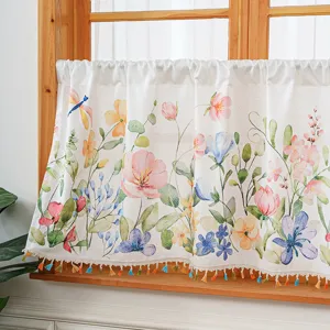 Watercolor floral cafe curtain short window valance for kitchen cabinet decorative home decor style