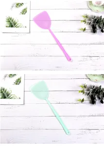 Plastic fly swatter with long handle and thick mesh design, ideal for home mosquito control.