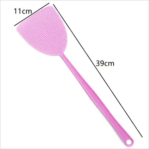 Pink plastic flyswatter with extended handle and thick mesh, durable household bug zapper.