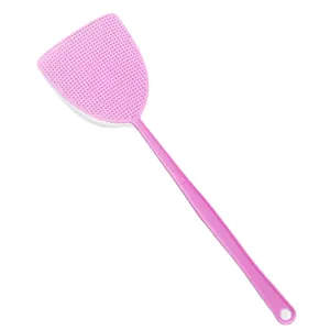 Pink plastic fly swatter with long handle and mesh surface for home mosquito control main view