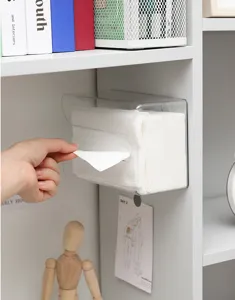 Gedetailleerd close-up uitzicht van de transparante wandtissuesdispenser netjes op een plank.