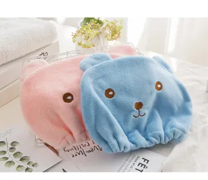 Cute cartoon bear coral fleece dry hair cap, thickened microfiber quick dry hair wrap towel.
