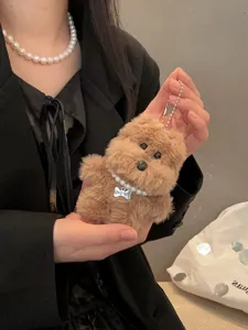 Flauschiger brauner Hund Plüsch Schlüsselanhänger mit Perlenkette süßer Taschenanhänger