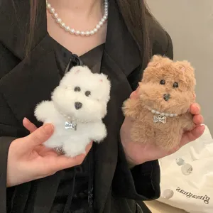 Süßer Westie Plüschwelpe Schlüsselanhänger mit Perlenkette, weicher Taschenanhänger.