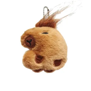 Capybara plush toy keychain with fluffy hair and metal chain, soft brown guinea pig doll charm.