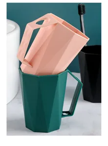 Diamond plastic mouthwash cup with handle, modern geometric toothbrush holder for bathroom.