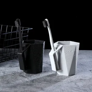 Geometric toothbrush cup couple set plastic mouthwash cup with handle for home bathroom use