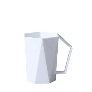 Modern white geometric plastic toothbrush cup with handle, minimalist daily mouthwash mug.