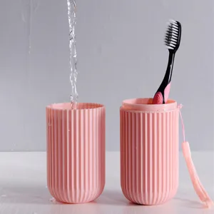 Tragbare Zahnbürsten Reiseetui rosa gestreifte Tasse Mundspülbecher Waschset Behälter