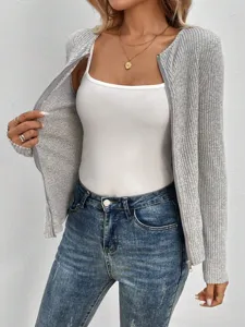 Grey ribbed knit zip-up cardigan for women, long sleeve casual sweater jacket detail view.