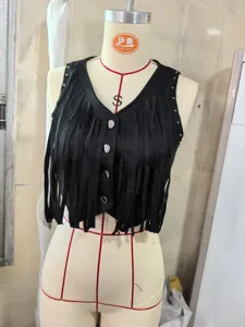 Women black fringe crop vest vintage chic sleeveless button up streetwear outerwear