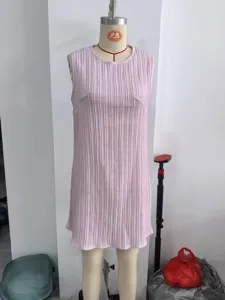 Light pink sleeveless pleated dress, elegant round neck short dress for summer days.