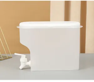 Detail shot of a large plastic cold water kettle with tap, semi-transparent storage container.