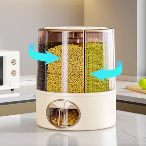 Rotatable grain storage container for kitchen, multi-grid rice dispenser and food organizer.