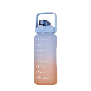 Gradient plastic sports water bottle with time marker and portable handle for daily use.
