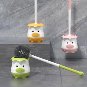 Cute Cartoon Animal Toilet Brush Set Plastic Long Handle Cleaning Brush With Wall Mounted Storage Holder For Bathroom Home