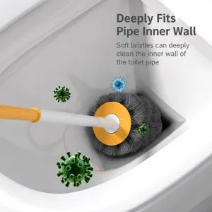 Long handle toilet brush with flexible bristles and splash guard for efficient deep bathroom cleaning.