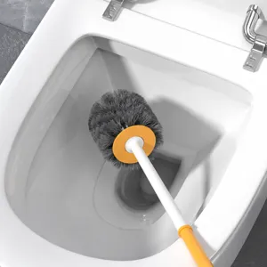 Long handle toilet brush with grey bristles and yellow splash guard for bathroom cleaning main view