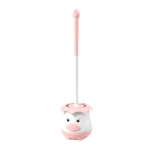 Cute cartoon toilet brush set with holder, pink long handle cleaning brush for bathroom.