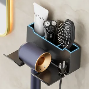 Wall-mounted hair dryer holder black bathroom storage rack punch-free organizer shelf