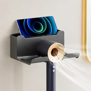 Wall mounted hair dryer holder bathroom storage shelf organizer with phone stand