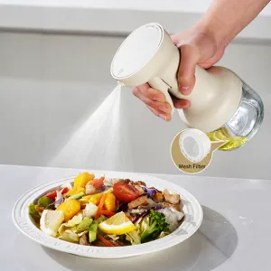 Glass spray oil bottle with ergonomic grip and filter mesh for healthy cooking and BBQ use.