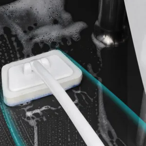 Long handle bathroom sponge brush with trapezoid head for bathtub, tile and glass door cleaning.
