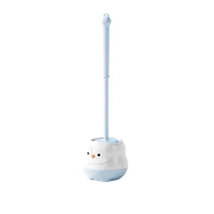 Cute penguin toilet brush with holder long handle bathroom cleaning tool blue white
