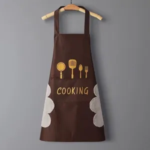 Waterproof kitchen apron with hanging neck and side hand wiping towels for home cooking.