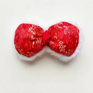 Chinese style red embroidered bow hair clip with white plush trim festival accessory 4x7cm