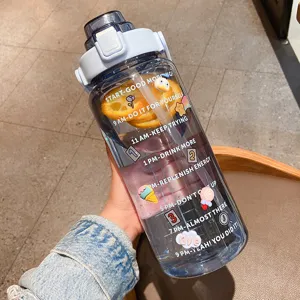 2000ml large capacity sports water bottle with straw and time marker for fitness outdoor travel.