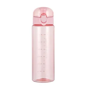Pink plastic sports water bottle with scale markings and portable lid for outdoor fitness 800ml