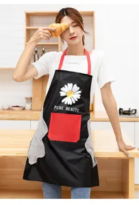 Waterproof kitchen apron featuring wipeable hand towels, daisy pattern, and handy front pocket.