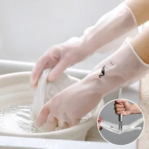 Household PVC Cleaning Gloves Waterproof Long Sleeve Dishwashing Gloves With Cute Deer Print Plain Design For Kitchen Home