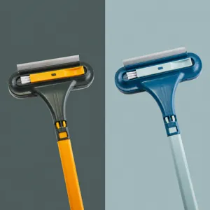 Double-sided window screen cleaning brush with long handle and scraper tool for home use.