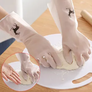 Long household cleaning rubber gloves with cute deer print for kitchen washing and kneading dough.