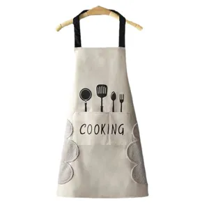 Waterproof kitchen apron with side hand towels and cooking pocket design for home use.