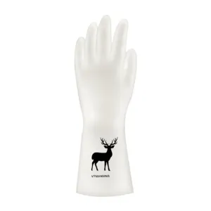 White rubber household cleaning gloves waterproof dishwashing kitchen gloves with cute deer pattern.