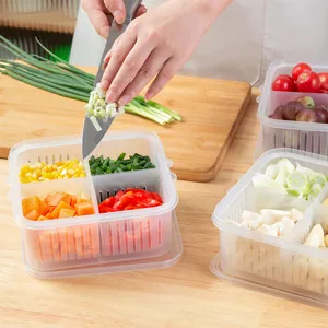 Kitchen Food Storage Container With Lid 4-Compartment Drain Fresh Keeping Box For Refrigerator Vegetable Fruit