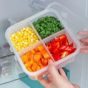 4-compartment fridge food storage box with lid and drain layer, transparent kitchen organizer.