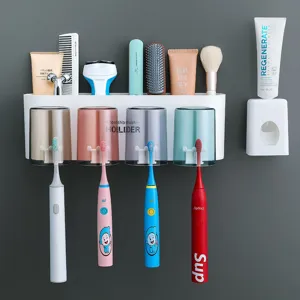 Wall Mounted Toothbrush Holder Set Punch Free Plastic Bathroom Storage Rack With Cups And Toothpaste Squeezer